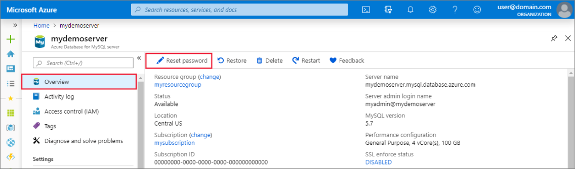 Snímek obrazovky webu Azure Portal pro resetování hesla ve službě Azure Database for MySQL