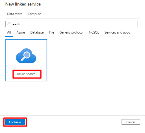 Snímek obrazovky znázorňující, jak zvolit Nové propojené vyhledávání v Azure Data Factory pro import ze Snowflake