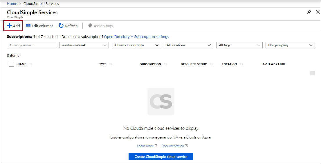 Přidejte službu CloudSimple