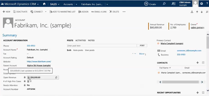 Souhrnné pole ve formuláři obchodního vztahu v aplikaci Dynamics CRM