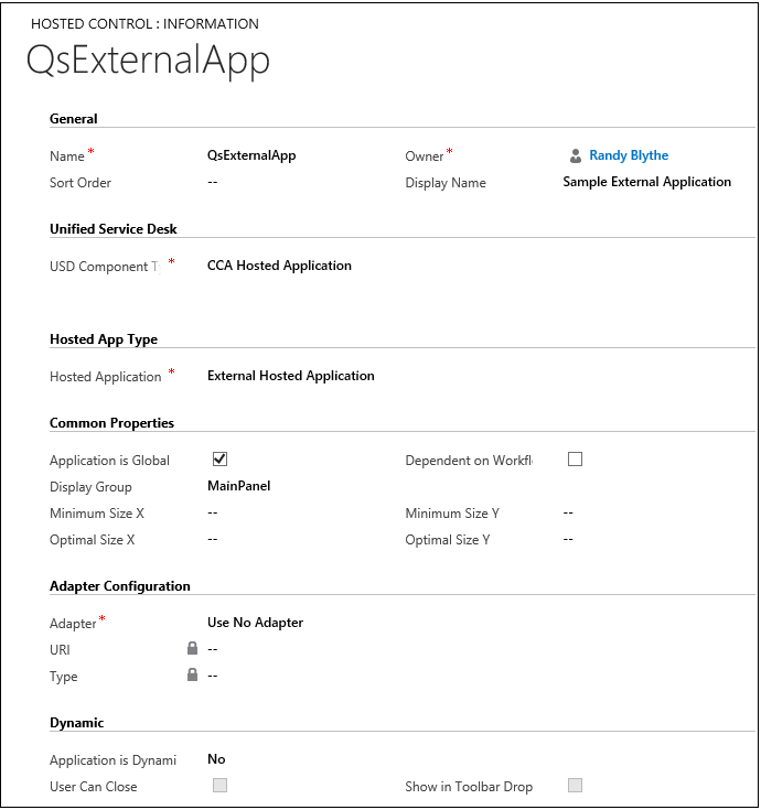 Application adapter configuration screen