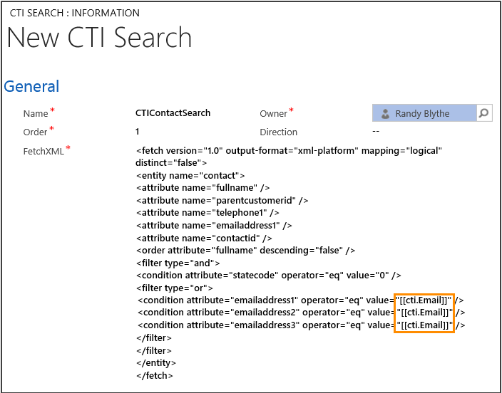 Define a CTI search for contacts