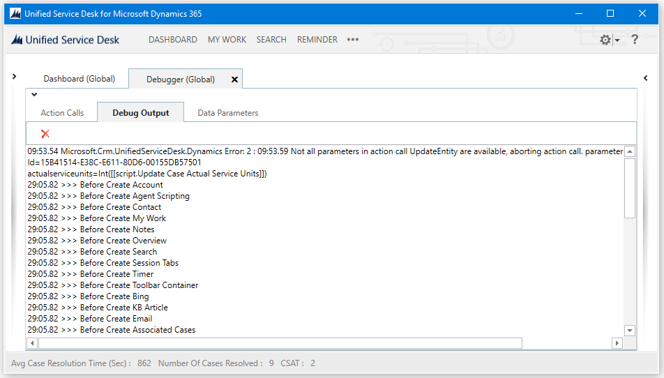 Unified Service Desk Debug Output tab