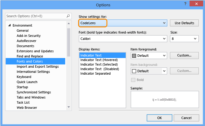 Funkce CodeLens - změnit nastavení písma a barvy