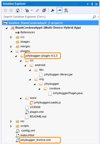 Projektovou strukturu po instalaci jsHybugger