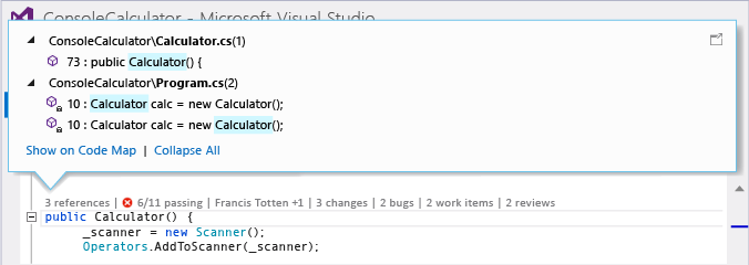 Funkce CodeLens ukazatele v editoru kódu