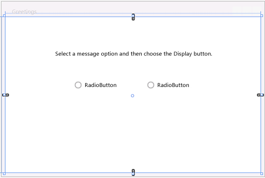 Formulář pozdrav s textblock a dvě přepínací tlačítka