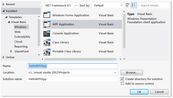 Vytvoření projektu Visual Basic WPF, HelloWPFApp