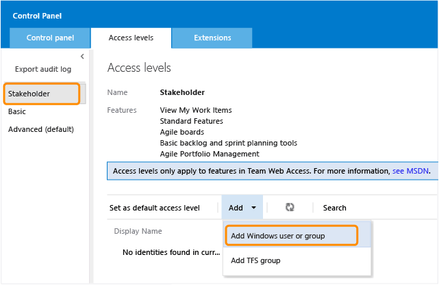 Úroveň omezený přístup, přidejte uživatele nebo skupinu Windows
