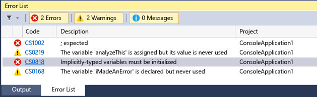 Visual Studio 2015 Output and Error List