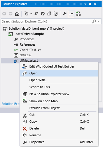 CUIT_dataDriven_OpenTestEditor Open the Coded UI Test Editor