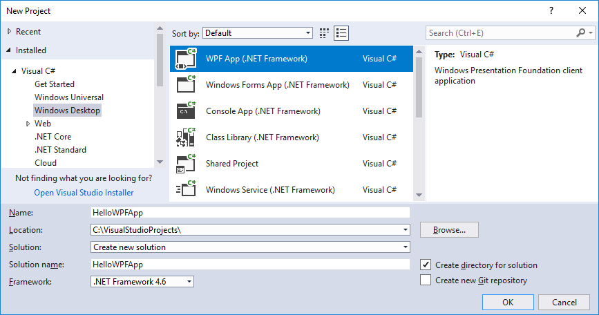 Screenshot of the WPF App template in the New Project dialog. WPF app template in Visual Studio New Project dialog