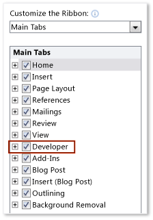 The Developer check box in the Word Options dialog The Developer check box in the Word Options dialog