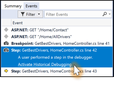 Activate Historical Debugging on an event Activate Historical Debugging on an event