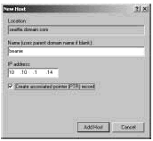 Figure 19-7: Create A records and PTR records simultaneously with the New Host option.