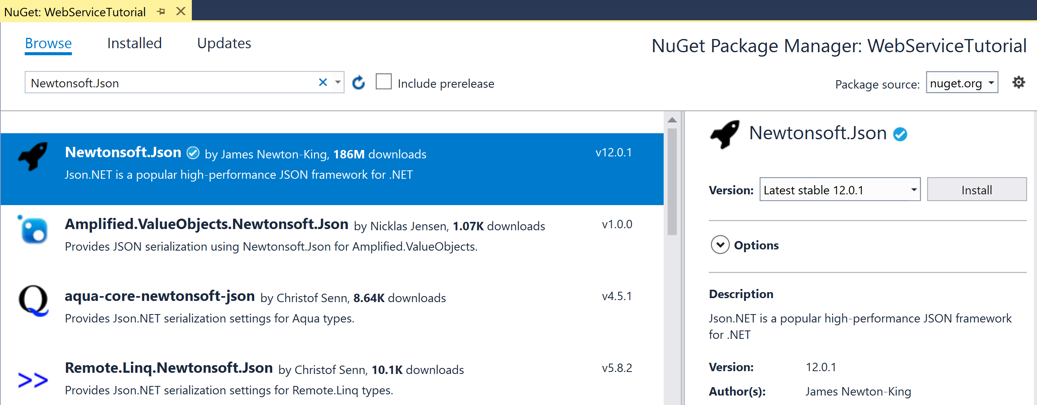 Snímek obrazovky s balíčkem NuGet Newtonsoft.Json ve Správci balíčků NuGet
