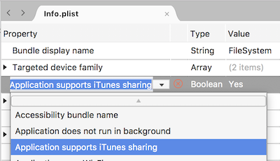 Přidání aplikace podporuje vlastnost sdílení iTunes