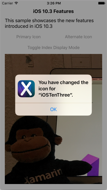 Ukázková výstraha při změně ikony aplikace