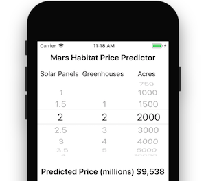Snímek obrazovky s ukázkou prediktoru ceny prostředí Mars Habitat