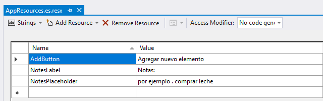 Zadání výchozích textových prostředků španělštiny v souboru .resx