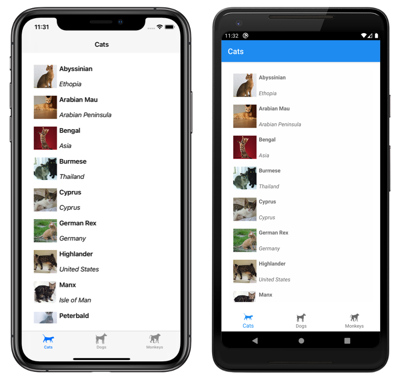 Snímek obrazovky aplikace Shell se třemi stránkami v iOSu a Androidu