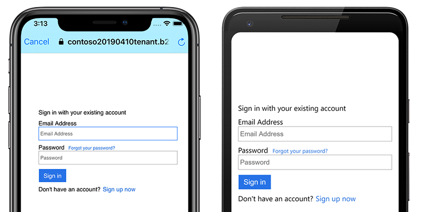 Přihlašovací obrazovka Azure ADB2C v Androidu a iOS