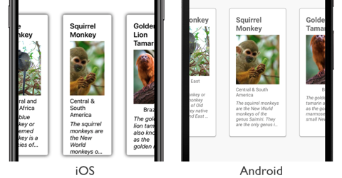 Oblast náhledu CarouselView v sadách Snímek obrazovky s objektem CollectionView s částečně viditelnými sousedními položkami v iOSu a Androidu