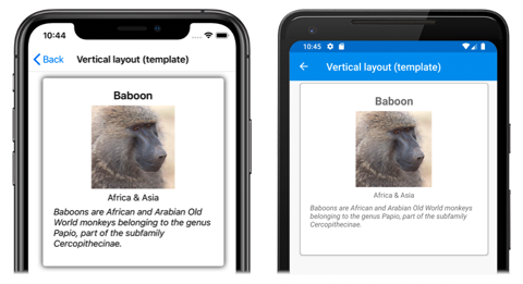 Svislé rozložení CarouselView Snímek obrazovky s svislým rozložením CarouselView v iOSu a Androidu