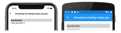 Snímek obrazovky s prázdnou skupinou v objektu CollectionView v iOSu a Androidu