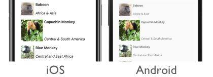 Snímek obrazovky s objektem CollectionView s dynamickým určením velikosti položek v iOSu a Androidu