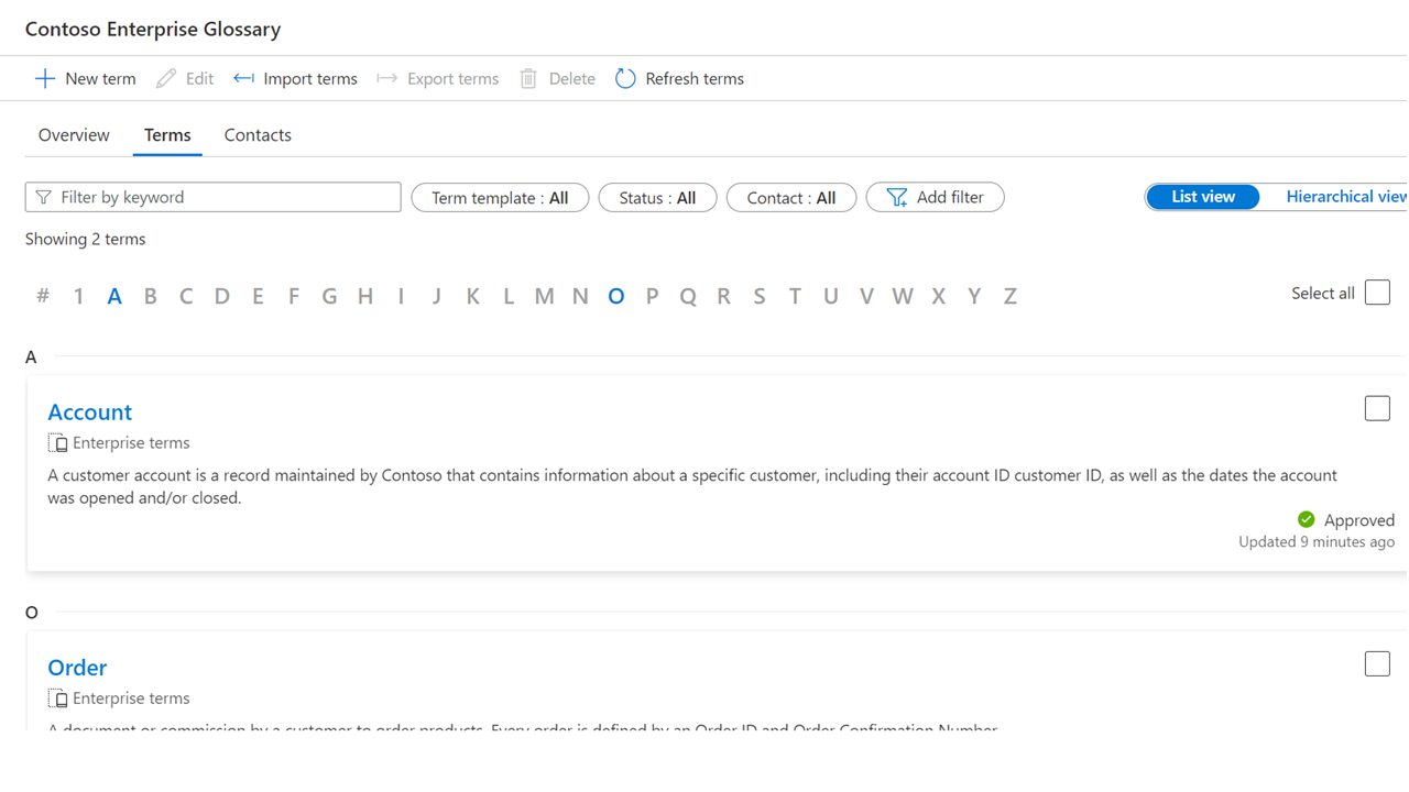 Screenshot from Purview glossary page showing two terms, 'account' and 'order' in the 'Contoso Enterprise Glossary'.