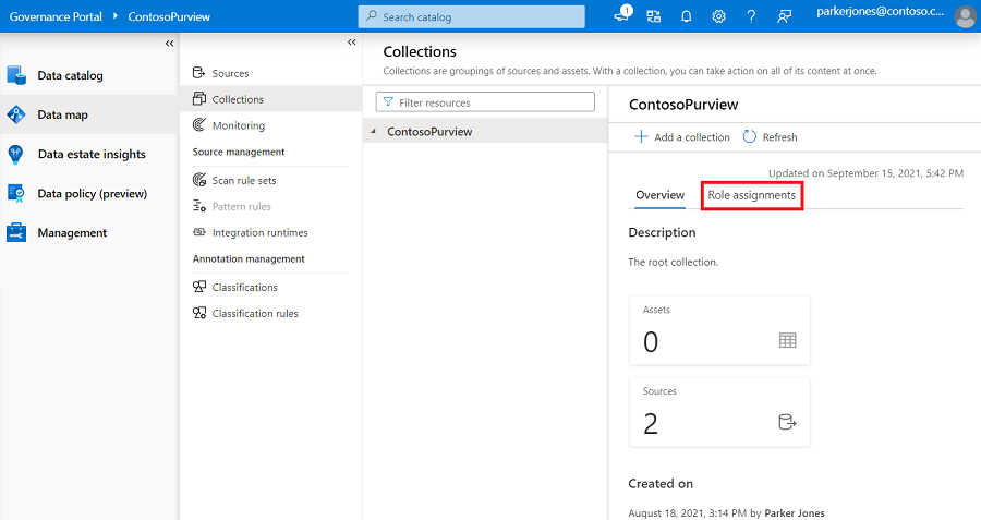 Screenshot of Microsoft Purview governance portal window, opened to the Data Map, with the role assignments tab highlighted.