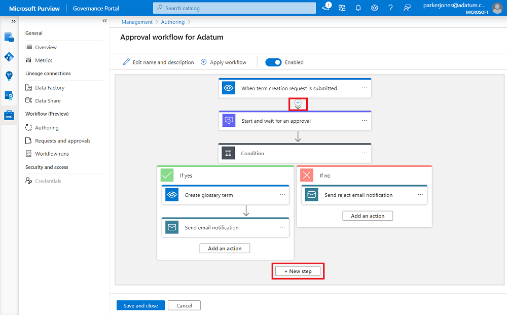 Screenshot showing the workflow authoring canvas, with a + button highlighted on the arrow between the two top steps, and the Next Step button highlighted at the bottom of the workspace.