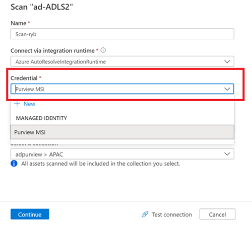 Screenshot that shows the managed identity option to run the scan.