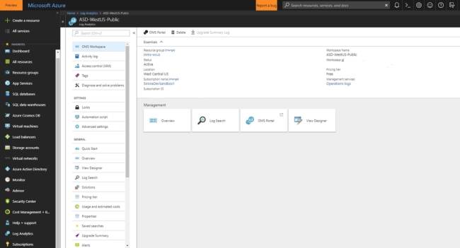 Okno webu Microsoft Azure Portal, které zobrazuje seznam pracovních prostorů služby Log Analytics v rámci organizace uživatele.