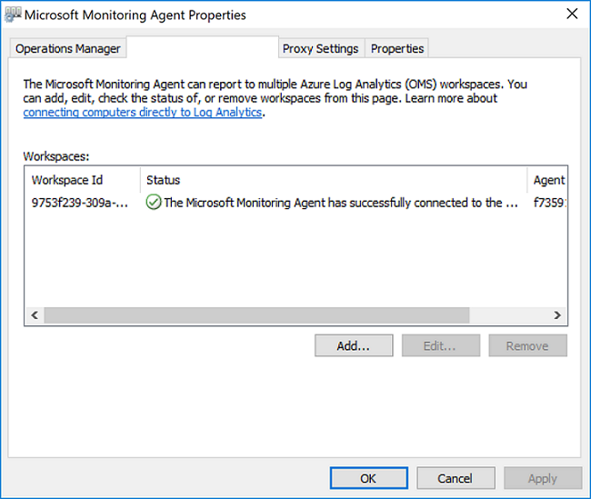 Microsoft Monitoring Agent okno Vlastnosti zobrazovat zelenou značku zaškrtnutí.