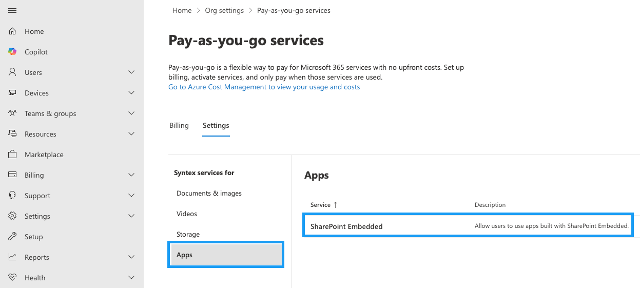 Microsoft 365 admin center SharePoint Embedded Billing setting