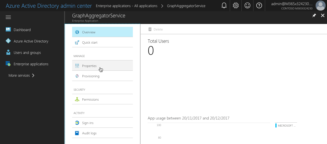 The 'Properties' link highlighted on the application blade in the Entra ID portal