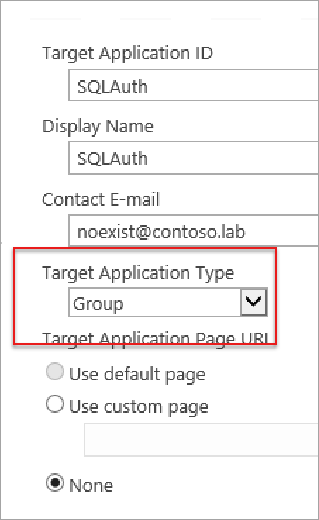 Snímek obrazovky s možností Skupina v poli Typ cílové aplikace