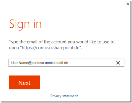 Snímek obrazovky s přihlašovacím dialogovým oknem: Zadejte e-mail účtu, který chcete použít k otevření. https://contoso.sharepoint.de.