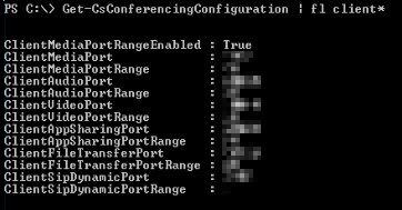 Snímek obrazovky zobrazující příkaz Get-CsConferencingConfiguration a výsledek rozsahů portů