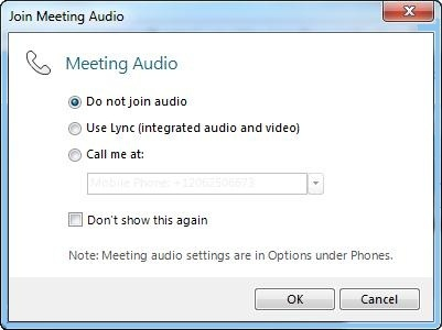 Snímek obrazovky s okny Připojit se ke zvukovému přenosu schůzky a vybranou možností Nepřipojovat se ke zvukovému přenosu