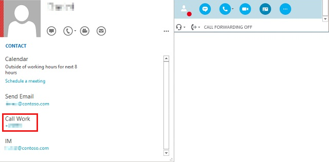 Snímek obrazovky znázorňující číslo hovoru do práce v rozbalených podrobnostech karty kontaktu