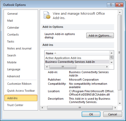 Snímek obrazovky se stránkou nastavení Add-Ins v možnostech Outlooku