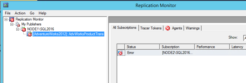 Screenshot of Red X on the "Agents" tab of Replication Monitor.
