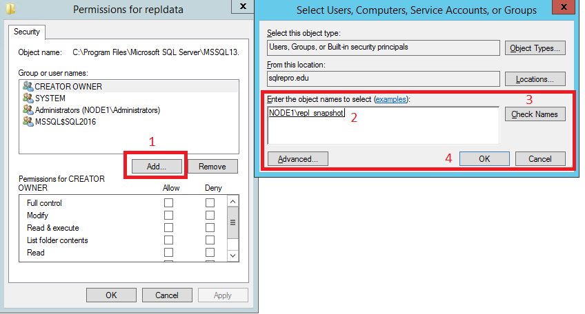 Selections to add security permissions