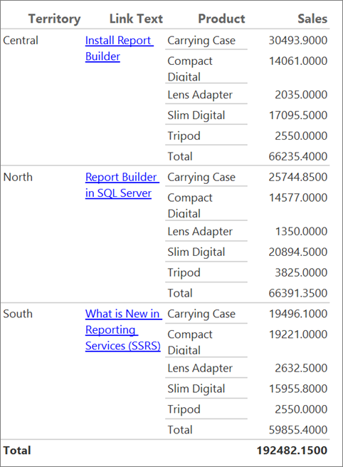 Snímek obrazovky, který ukazuje hypertextový odkaz v sestavě Report Builder.