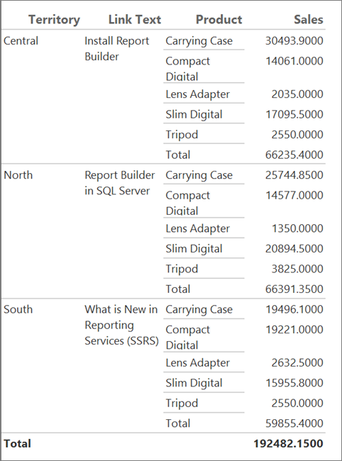 Snímek obrazovky ukazující jeden součet v sestavě nástroje Report Builder.