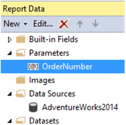 Snímek obrazovky podokna Data sestavy se zvýrazněním parametru Ordernumber.