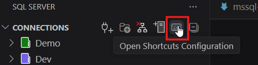 Screenshot panelu rozšíření MSSQL s tlačítkem Otevřít nastavení zkratek.